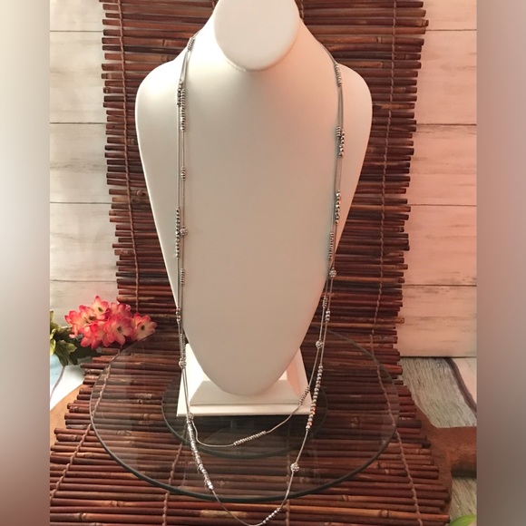 Chico's Silver Tone Beaded Rhinestone Long Double Chain Necklace - Picture 6 of 6